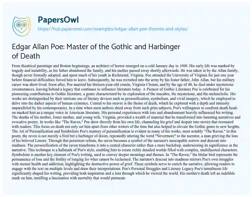 Essay on Edgar Allan Poe: Master of the Gothic and Harbinger of Death
