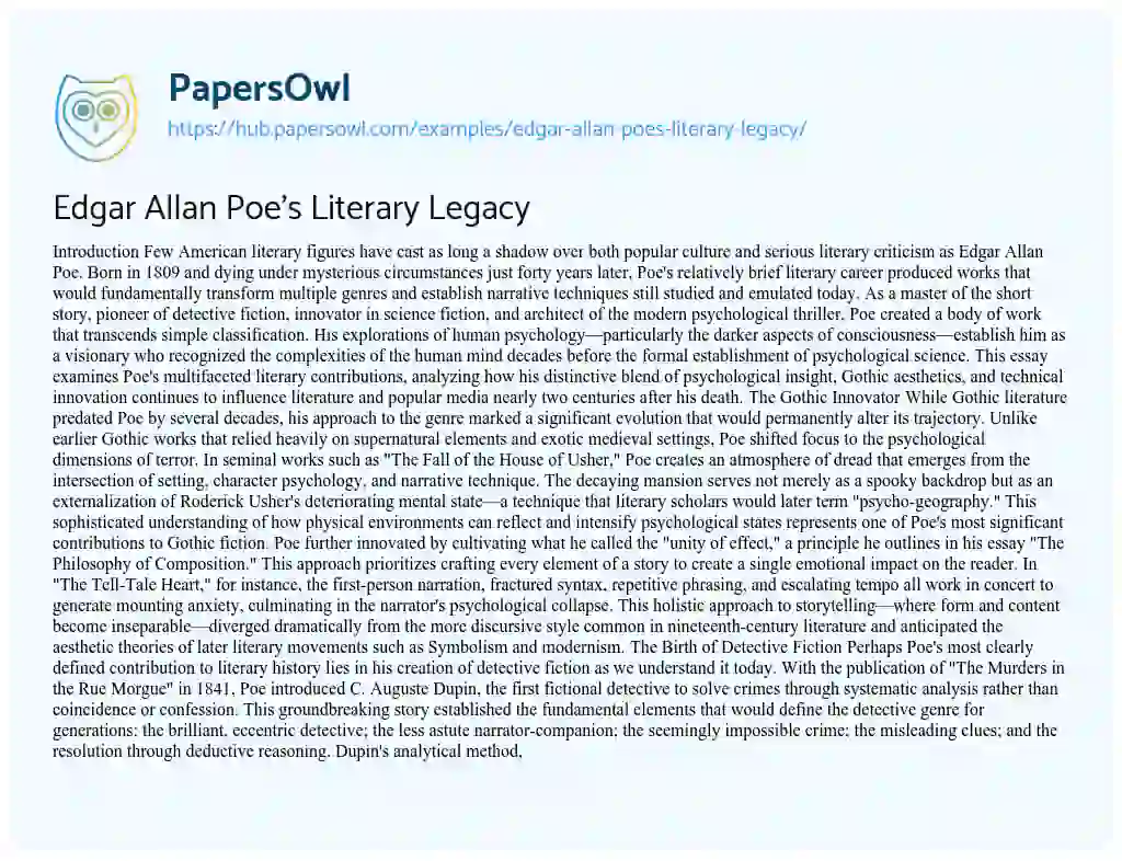 Essay on Edgar Allan Poe’s Literary Legacy
