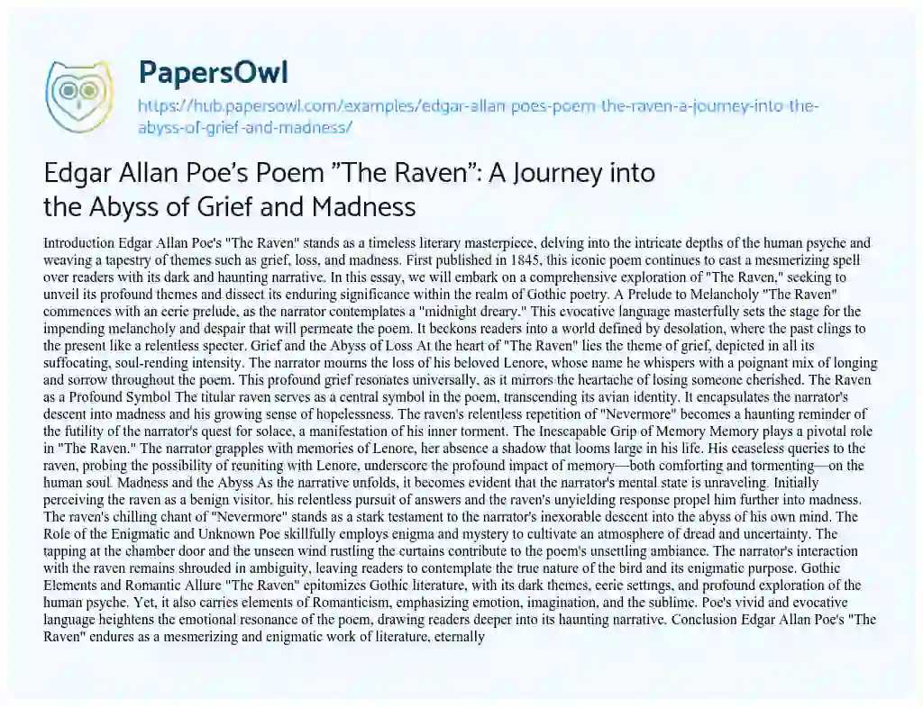Essay on Edgar Allan Poe’s Poem “The Raven”: A Journey into the Abyss of Grief and Madness