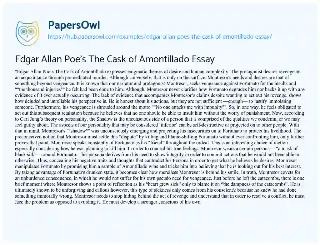 Essay on Edgar Allan Poe’s The Cask of Amontillado Essay