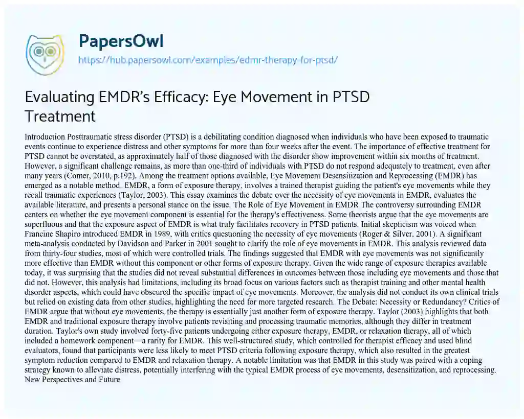 Essay on Evaluating EMDR’s Efficacy: Eye Movement in PTSD Treatment