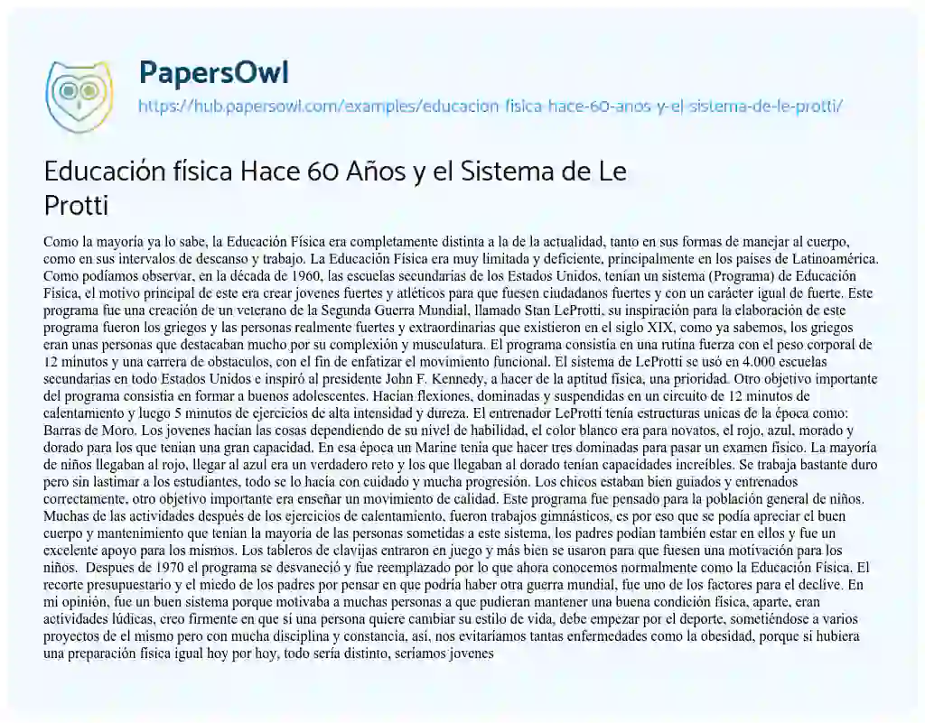 Essay on Educación física Hace 60 Años y el Sistema de Le Protti