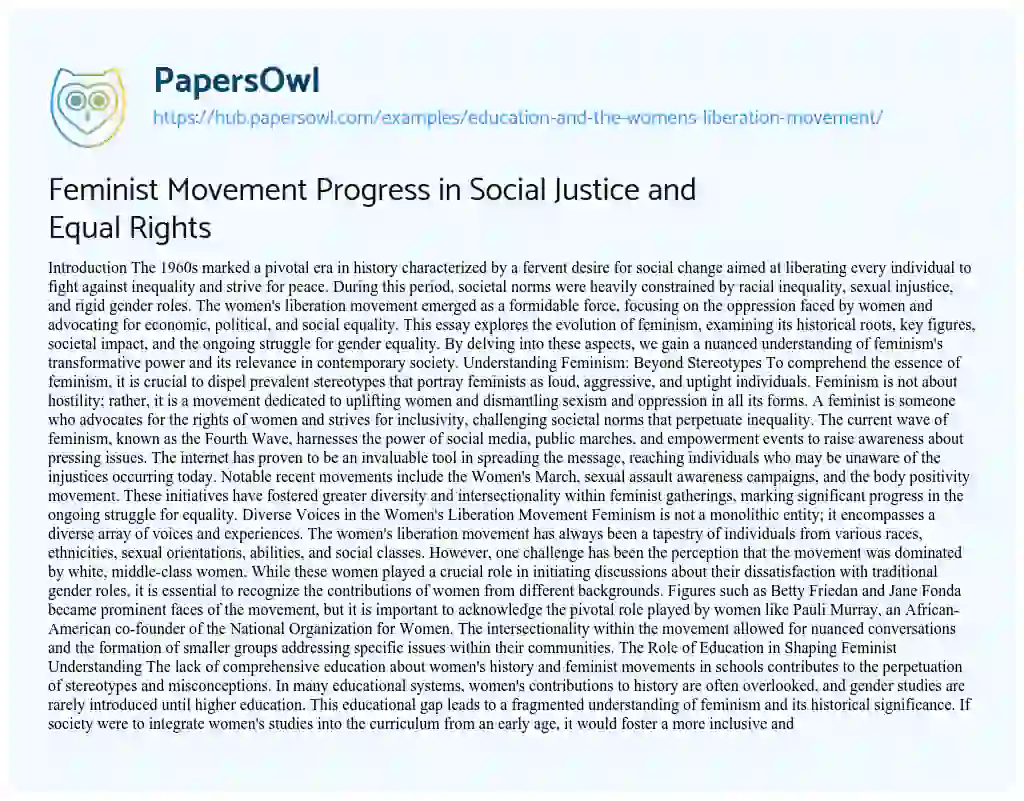 Essay on Feminist Movement Progress in Social Justice and Equal Rights