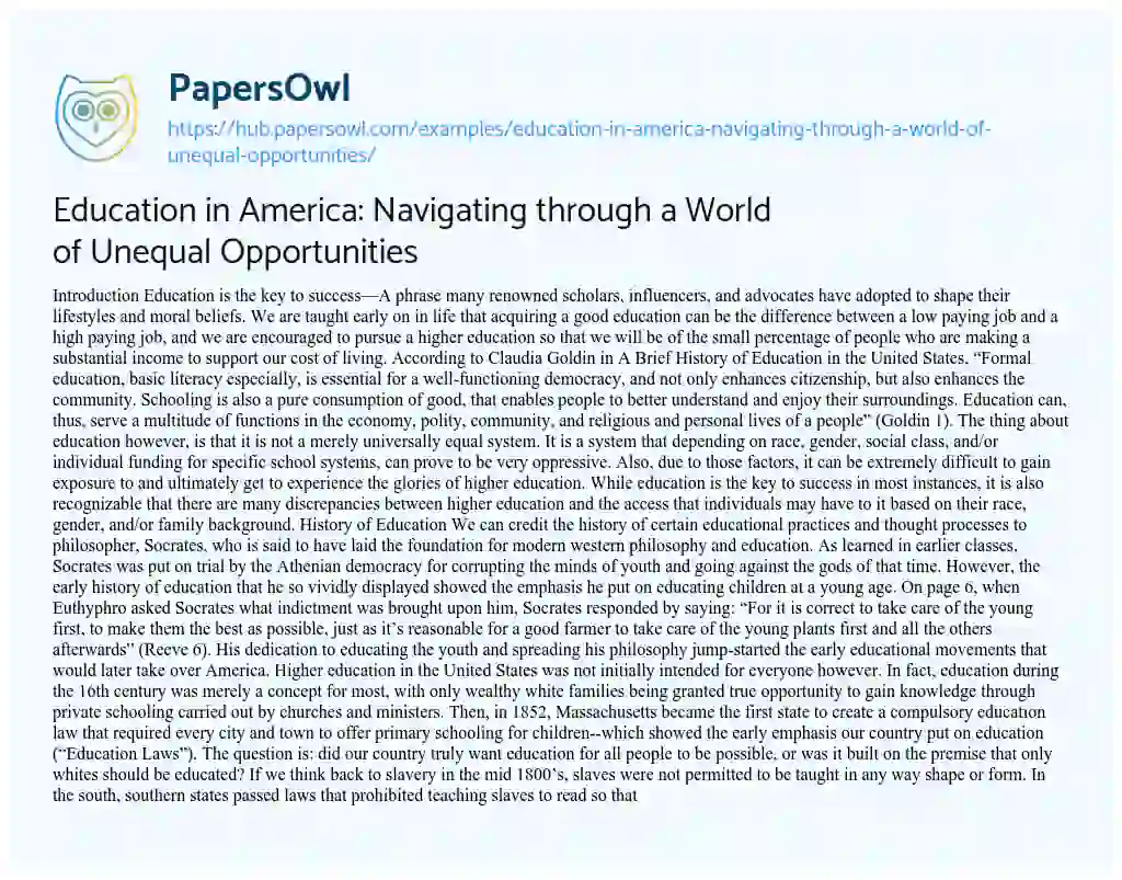 Essay on Education in America: Navigating through a World of Unequal Opportunities