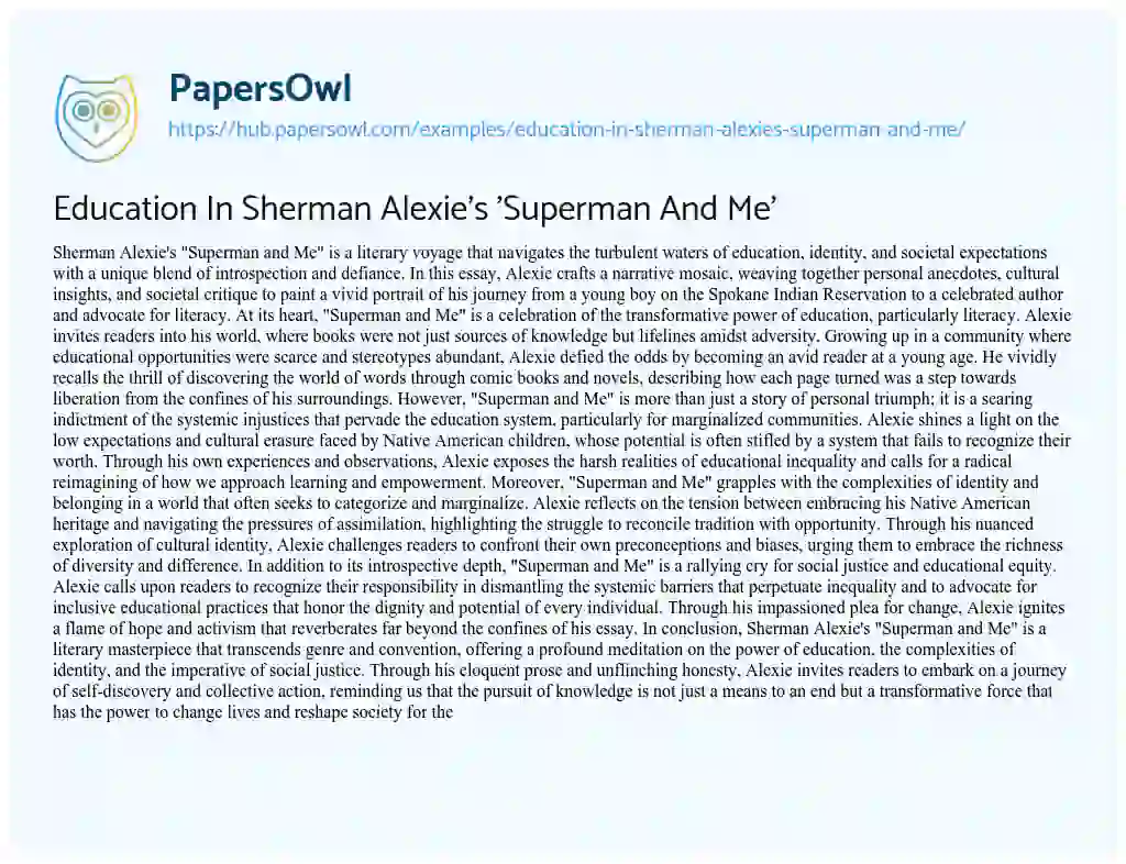 Essay on Education In Sherman Alexie’s ‘Superman And Me’