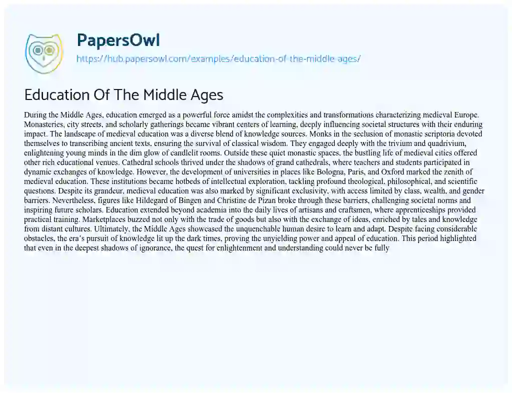 Essay on Education Of The Middle Ages