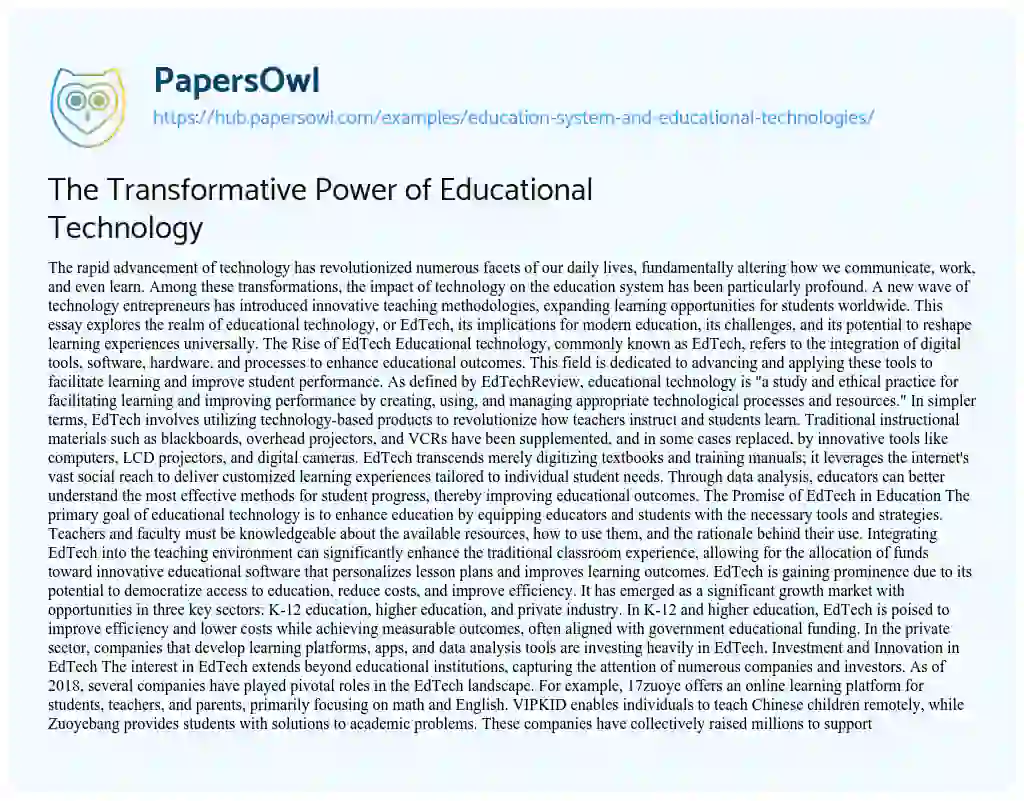 Essay on The Transformative Power of Educational Technology