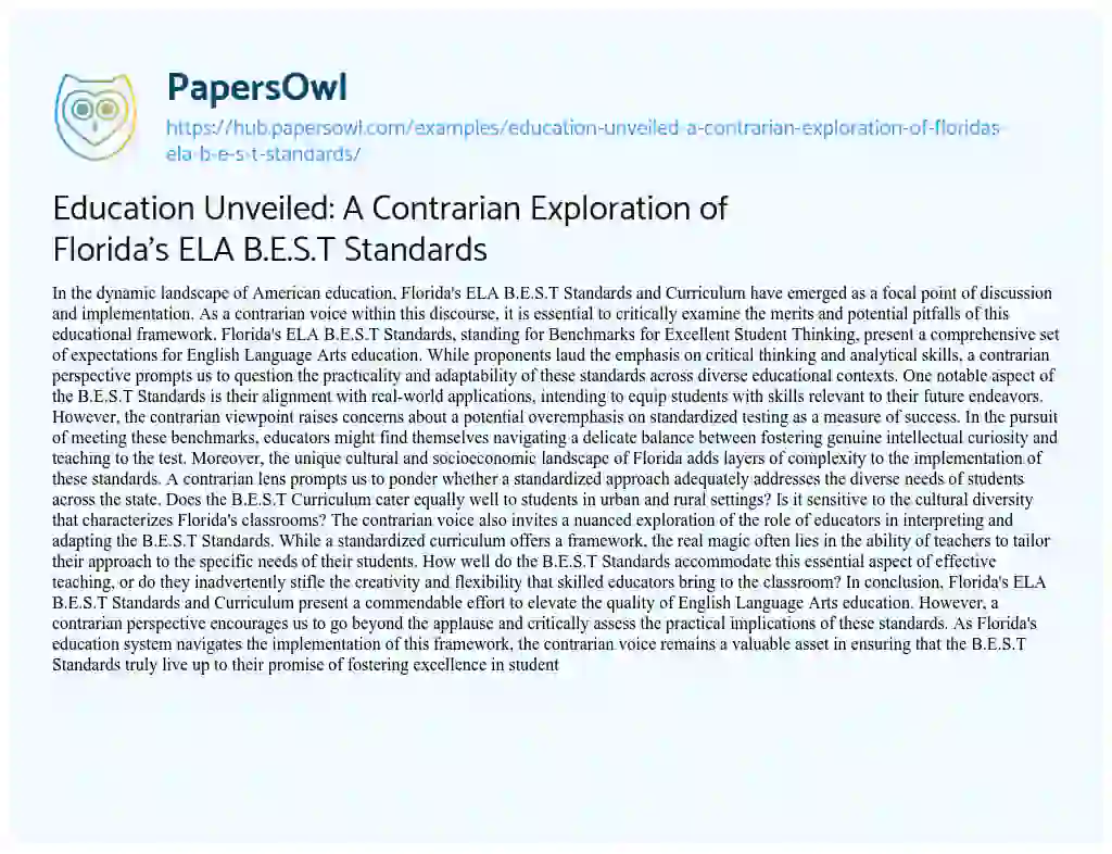 Essay on Education Unveiled: A Contrarian Exploration of Florida’s ELA B.E.S.T Standards