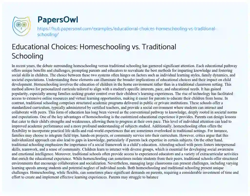 Essay on Educational Choices: Homeschooling vs. Traditional Schooling