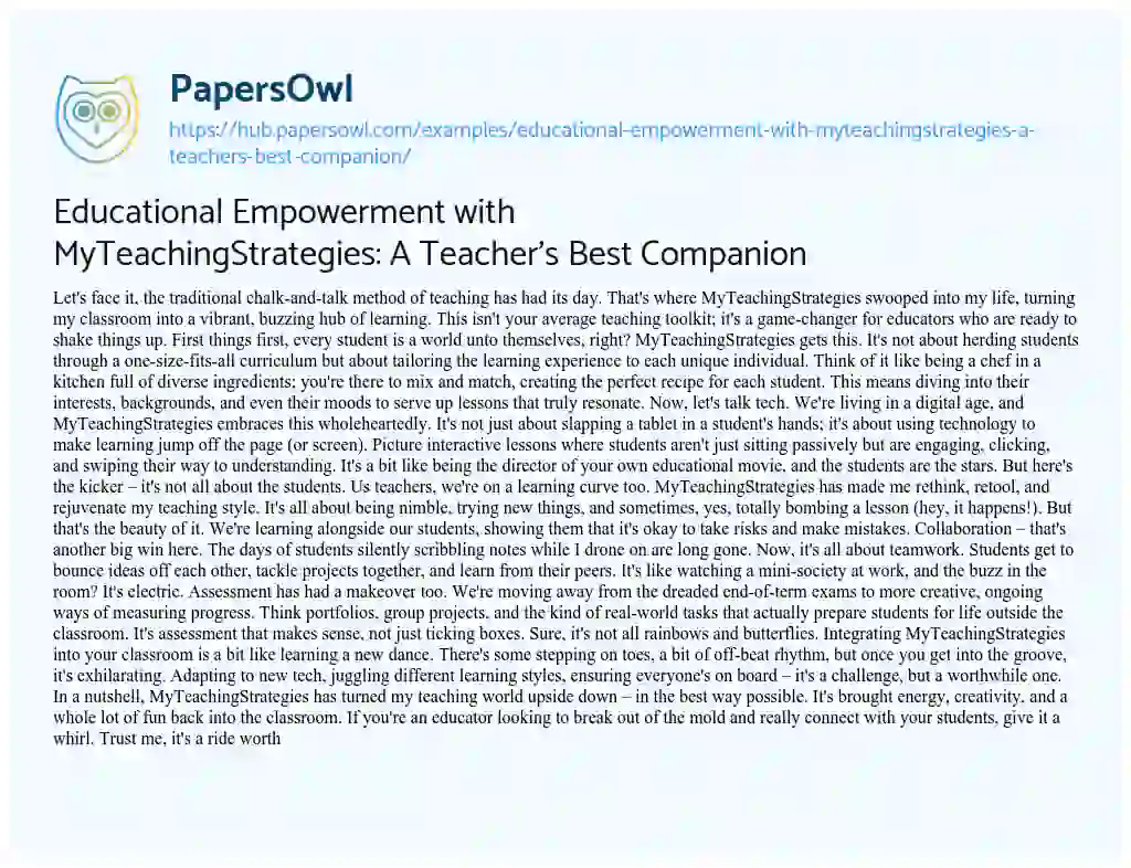 Essay on Educational Empowerment with MyTeachingStrategies: A Teacher’s Best Companion