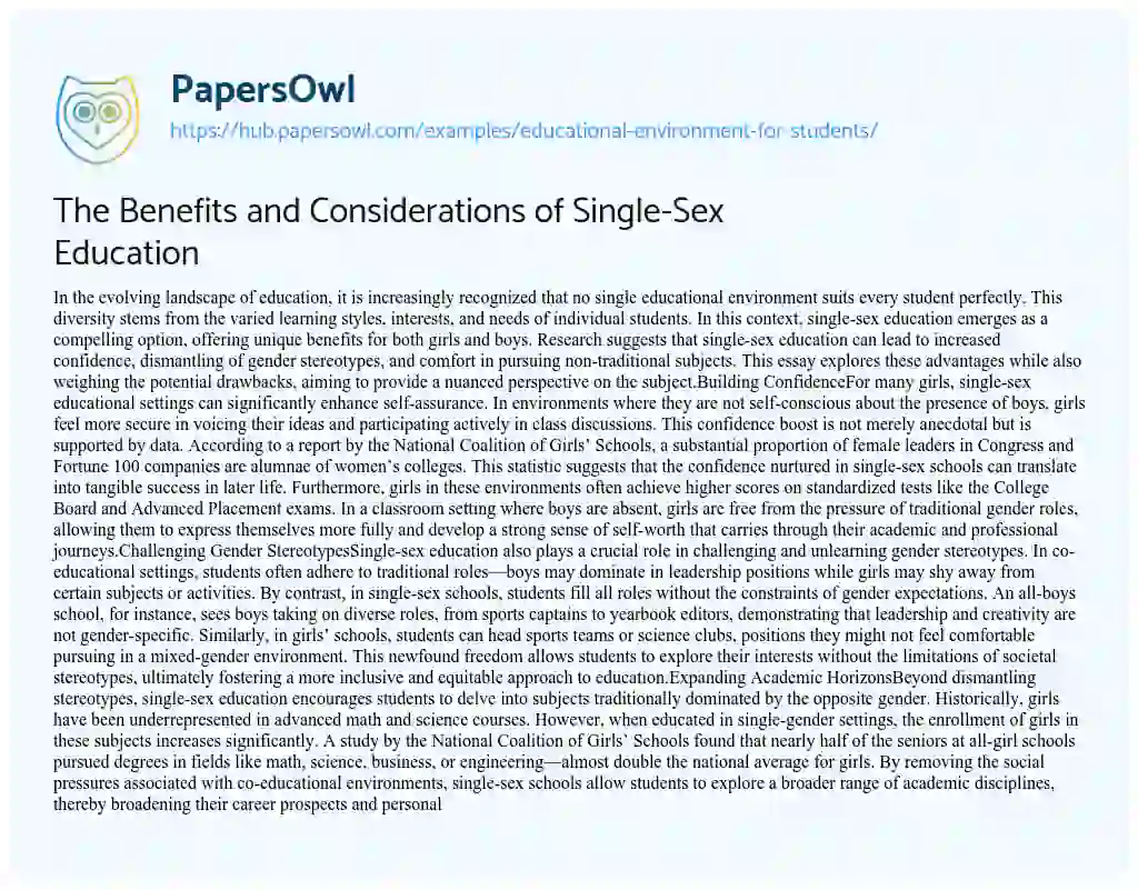 Essay on The Benefits and Considerations of Single-Sex Education