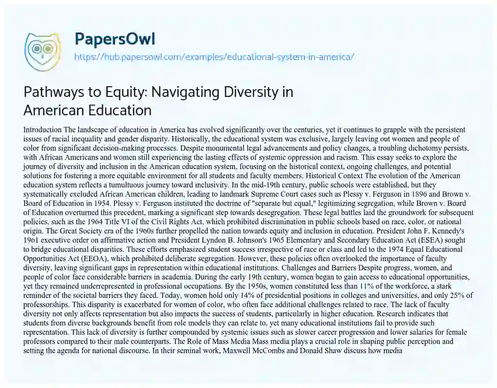 Essay on Pathways to Equity: Navigating Diversity in American Education