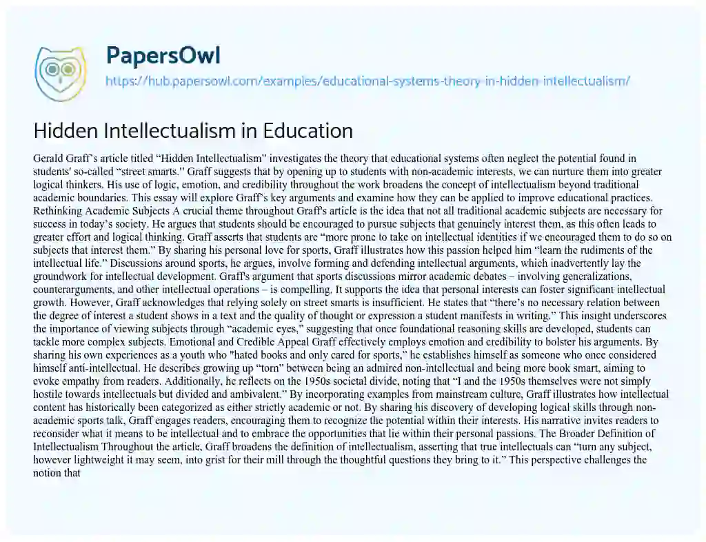 Essay on Hidden Intellectualism in Education