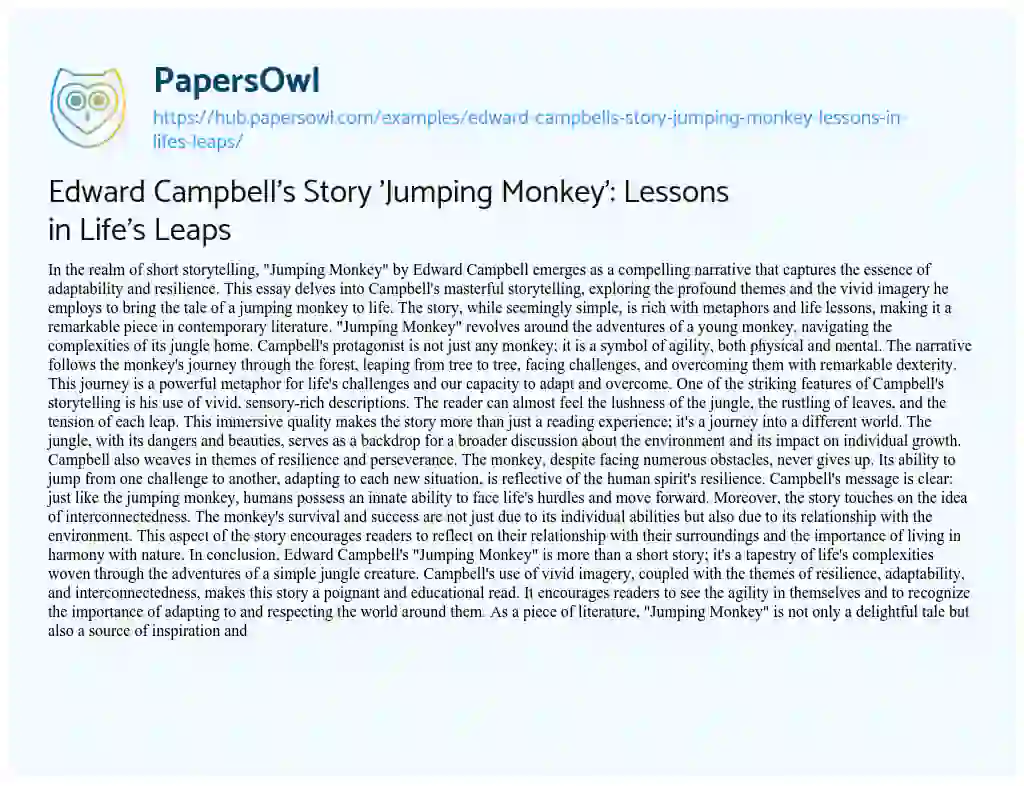 Essay on Edward Campbell’s Story ‘Jumping Monkey’: Lessons in Life’s Leaps