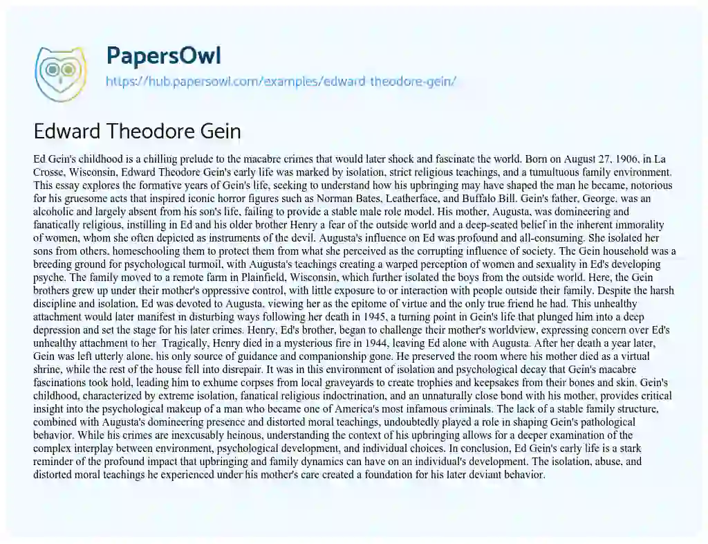 Essay on Edward Theodore Gein