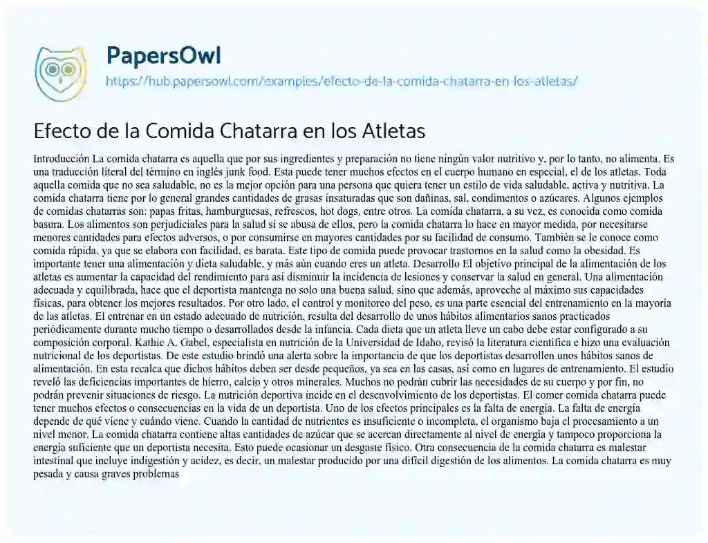 Essay on Efecto de la Comida Chatarra en los Atletas