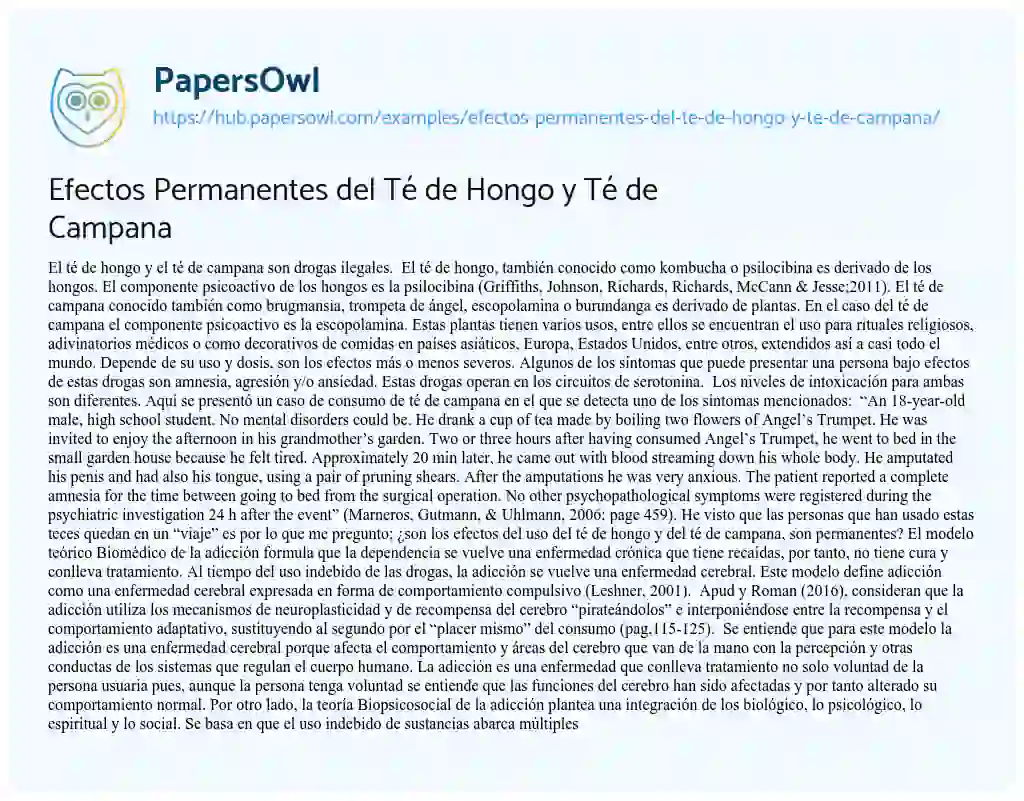 Essay on Efectos Permanentes del Té de Hongo y Té de Campana