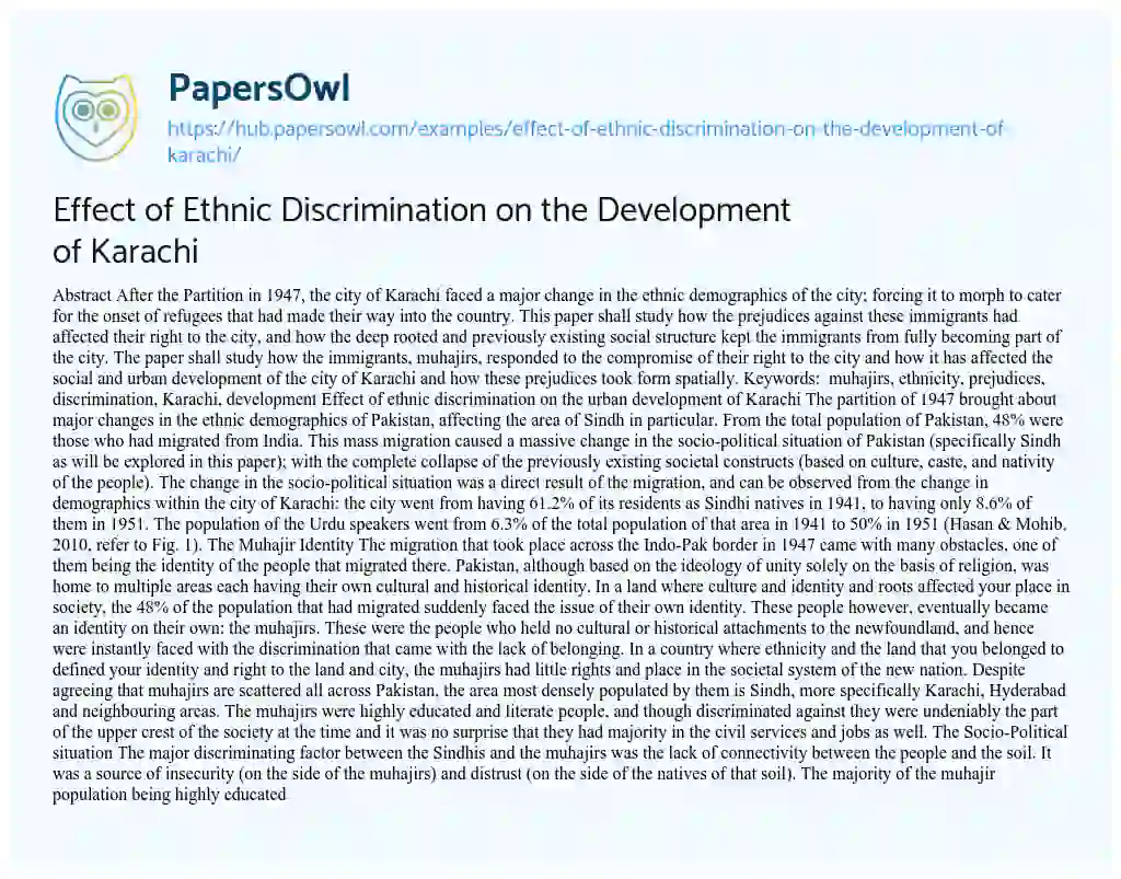 Essay on Effect of Ethnic Discrimination on the Development of Karachi