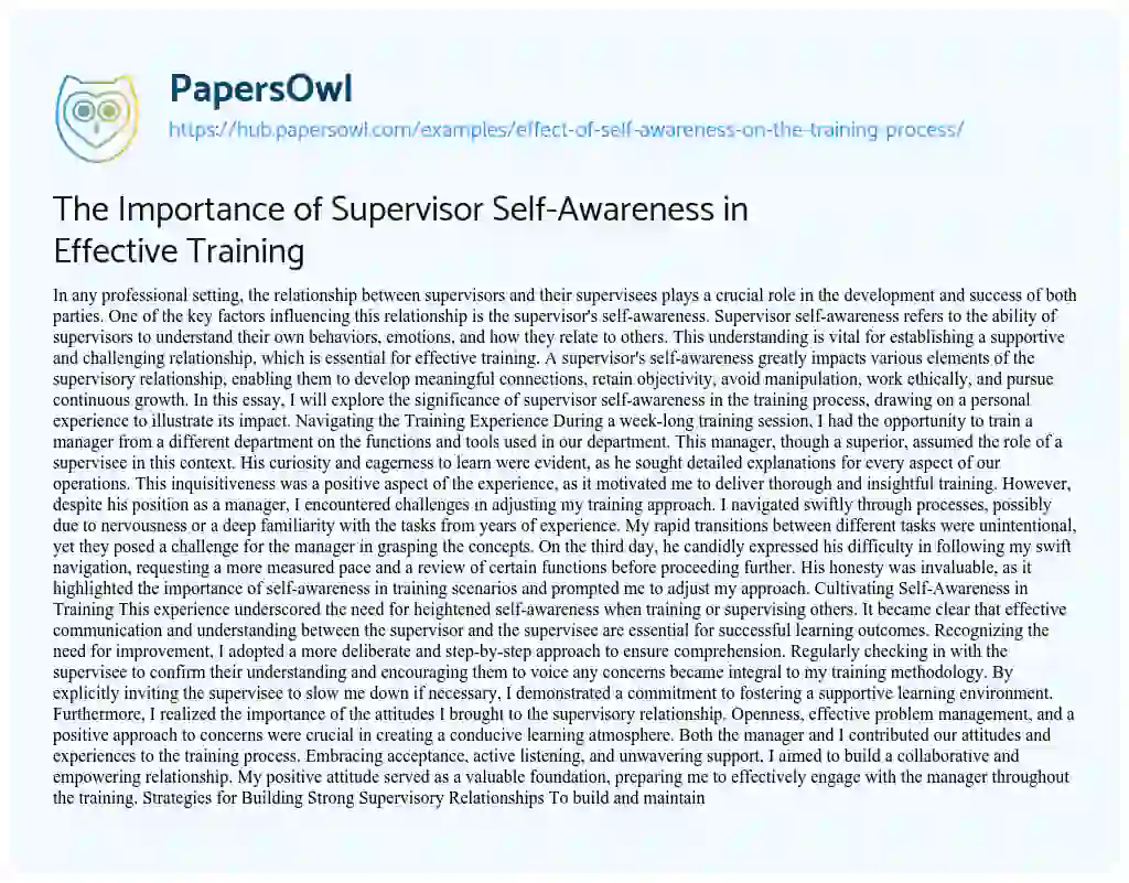Essay on The Importance of Supervisor Self-Awareness in Effective Training