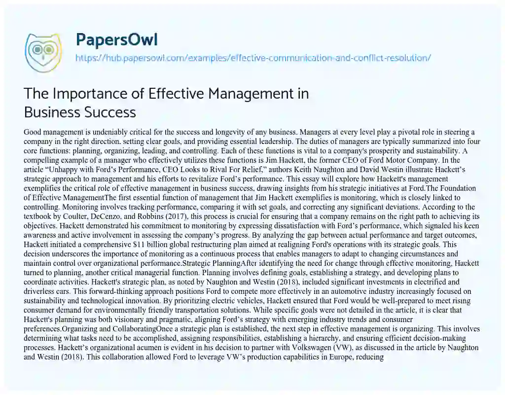 Essay on The Importance of Effective Management in Business Success