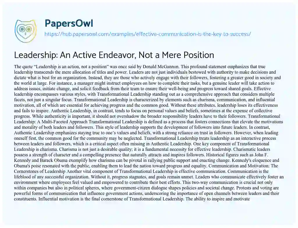 Essay on Leadership: An Active Endeavor, Not a Mere Position