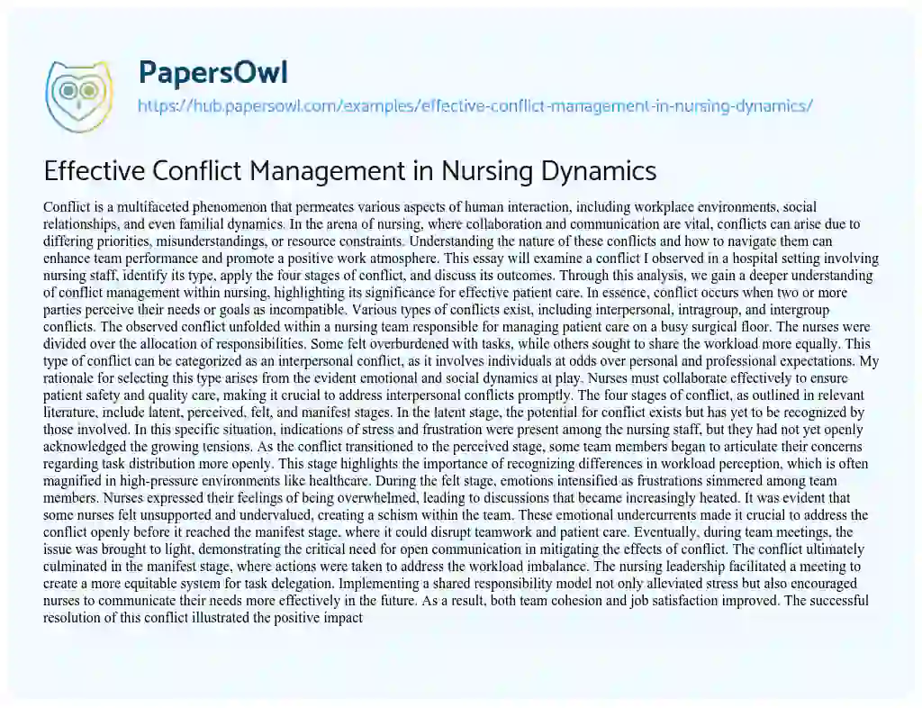 Essay on Effective Conflict Management in Nursing Dynamics