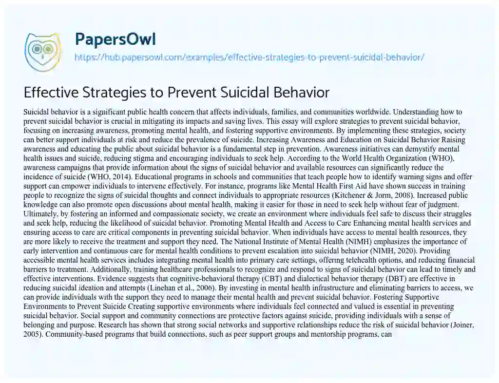 Essay on Effective Strategies to Prevent Suicidal Behavior