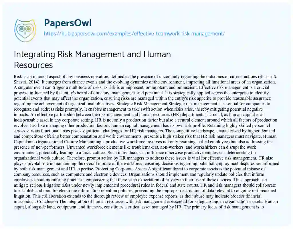 Essay on Integrating Risk Management and Human Resources