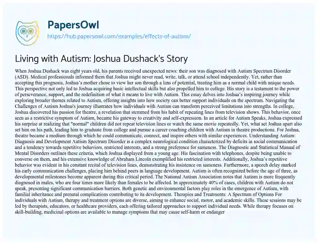 Essay on Living with Autism: Joshua Dushack’s Story