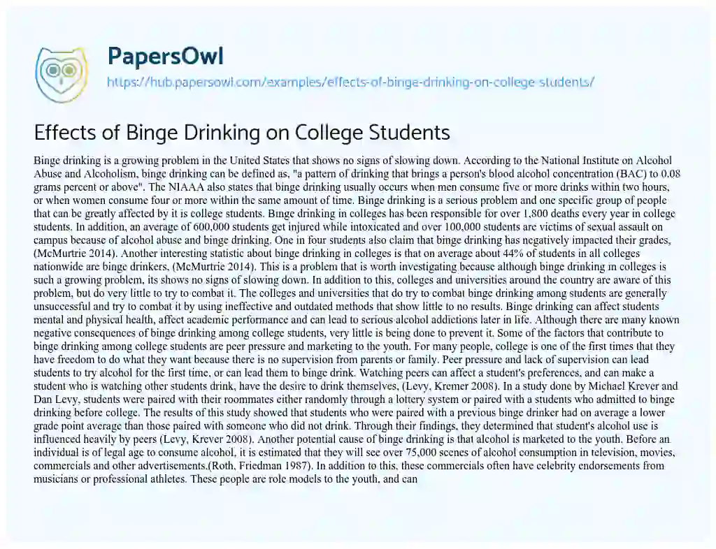 Essay on Effects of Binge Drinking on College Students