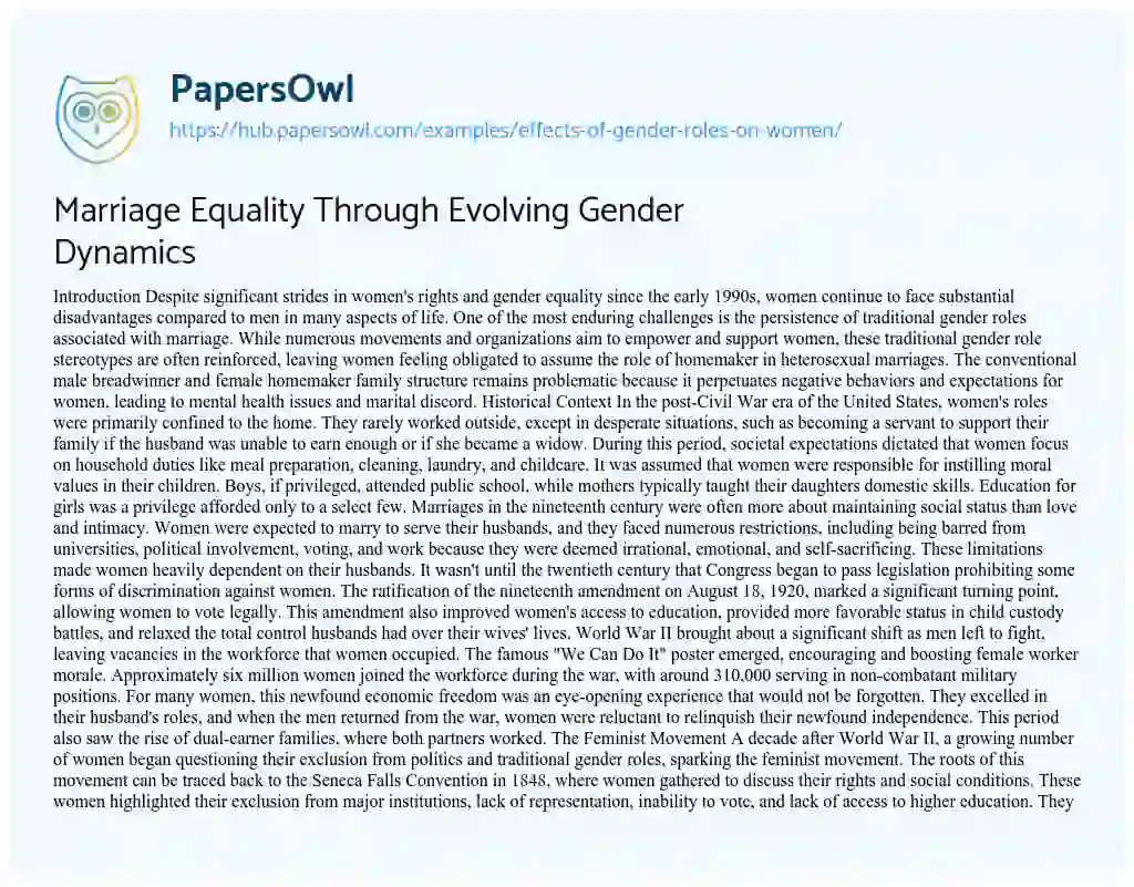 Essay on Marriage Equality Through Evolving Gender Dynamics
