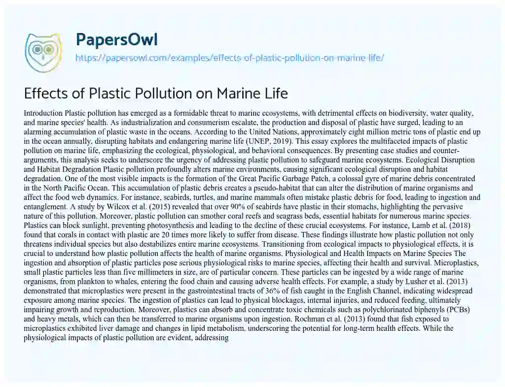 Essay on Effects of Plastic Pollution on Marine Life