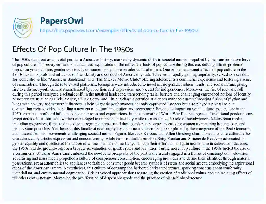 Essay on Effects Of Pop Culture In The 1950s
