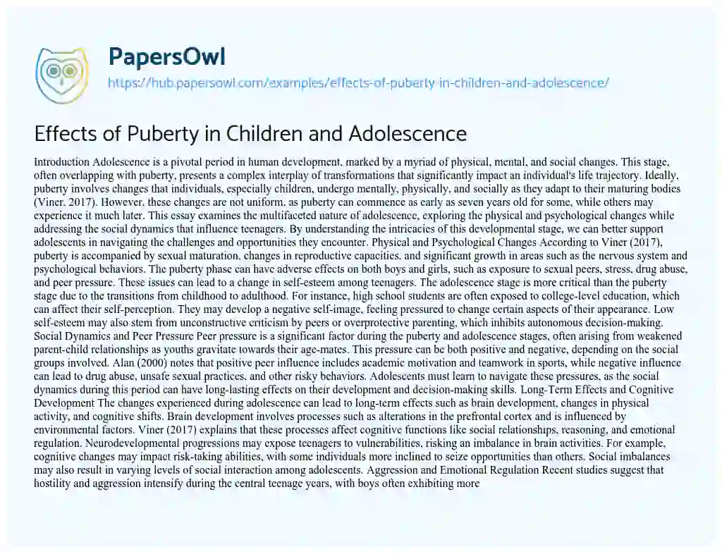 Essay on Effects of Puberty in Children and Adolescence