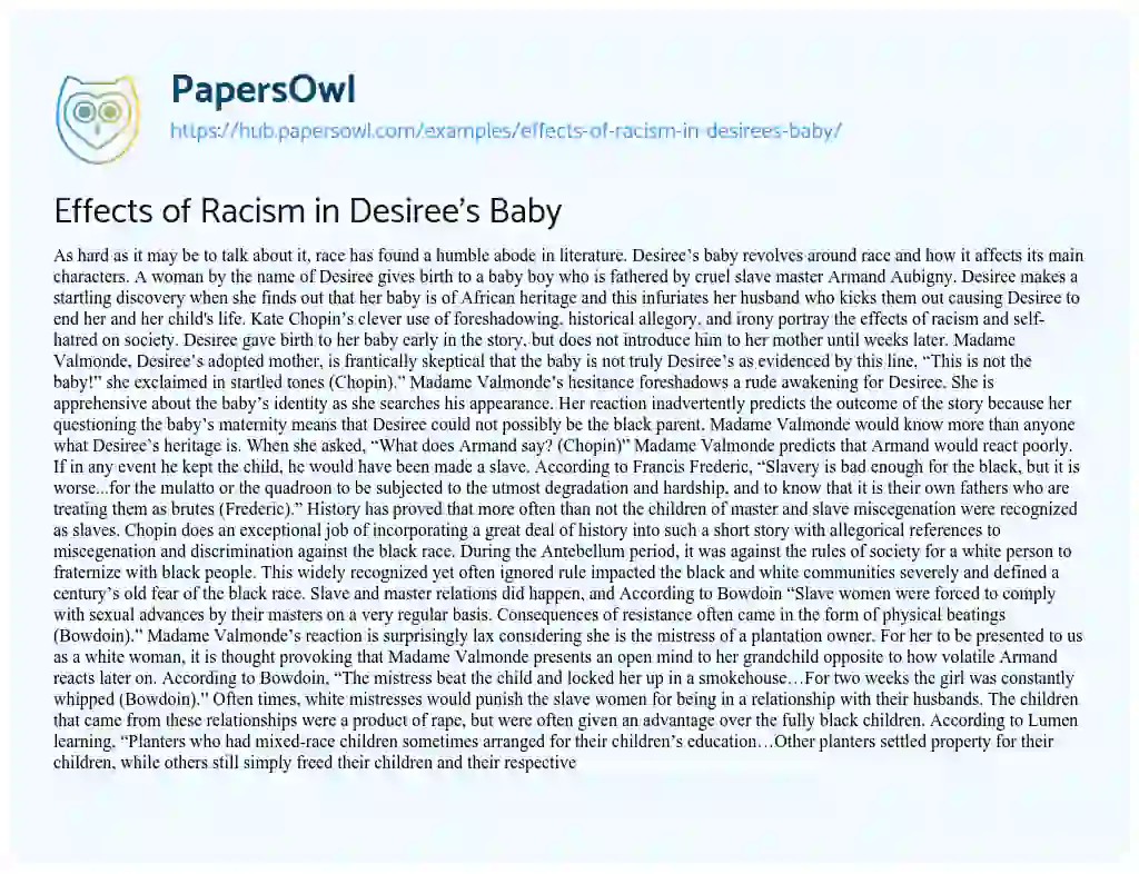 Essay on Effects of Racism in Desiree’s Baby