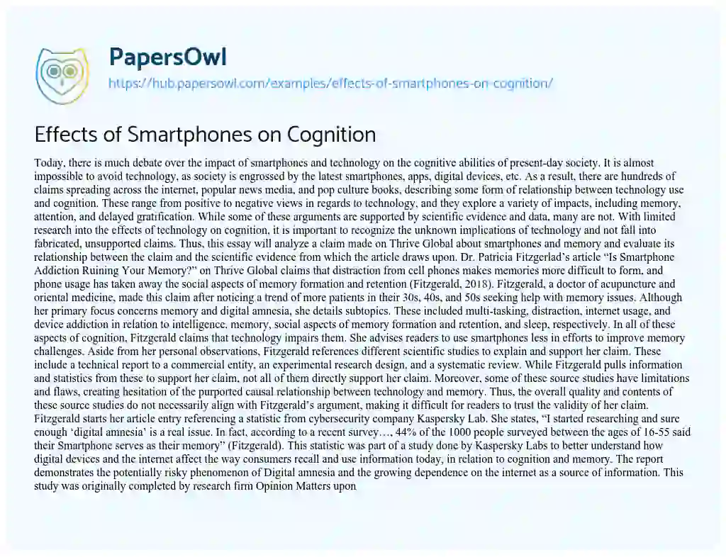 Essay on Effects of Smartphones on Cognition