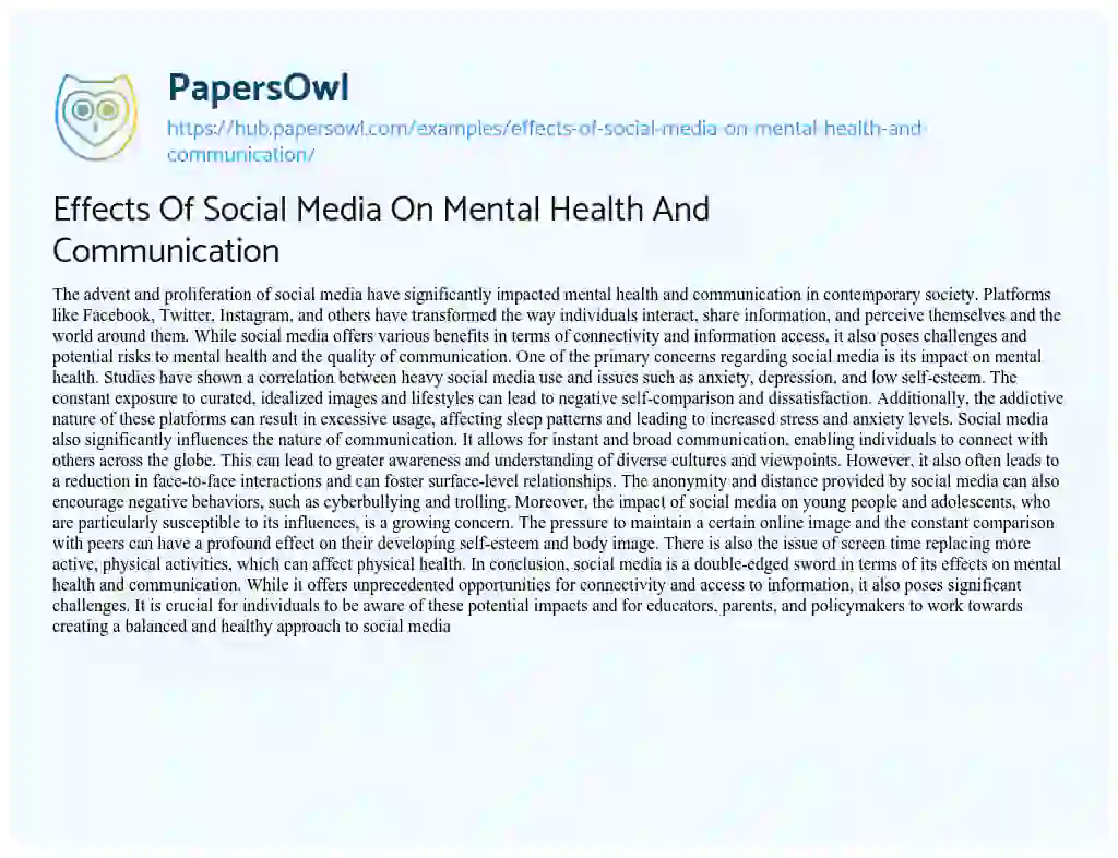 Essay on Effects Of Social Media On Mental Health And Communication