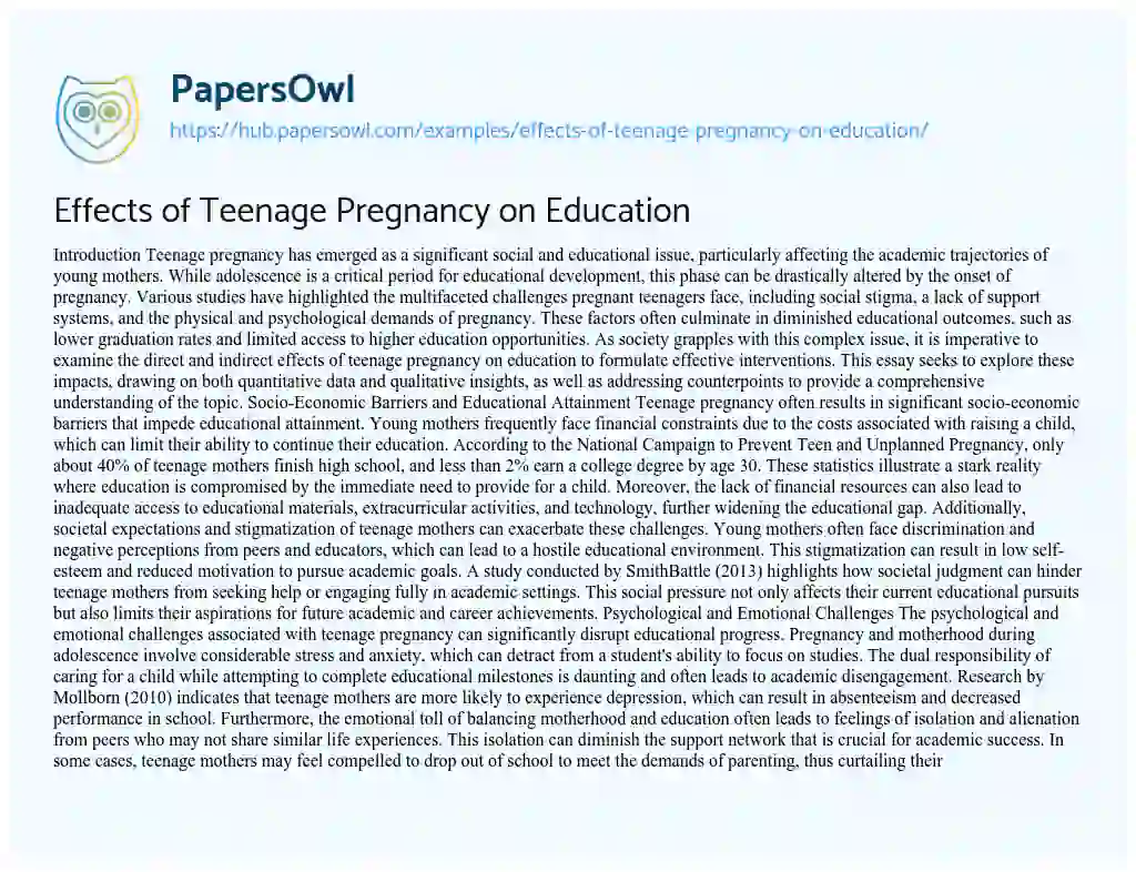 Essay on Effects of Teenage Pregnancy on Education