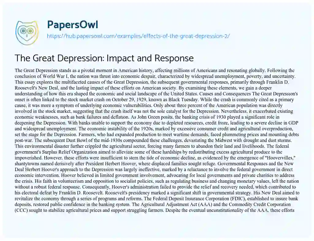 Essay on The Great Depression: Impact and Response