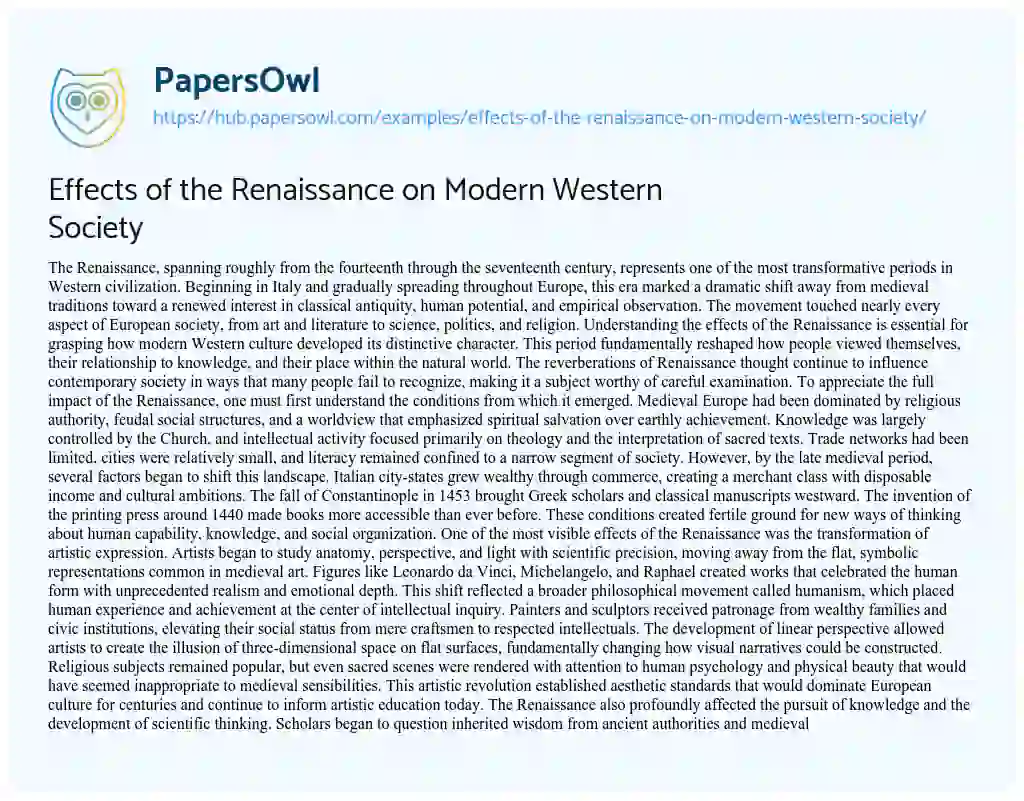 Essay on Effects of the Renaissance on Modern Western Society