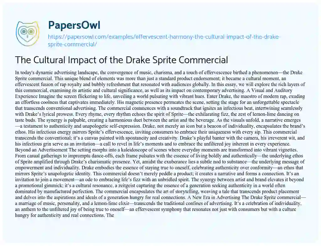 Essay on The Cultural Impact of the Drake Sprite Commercial