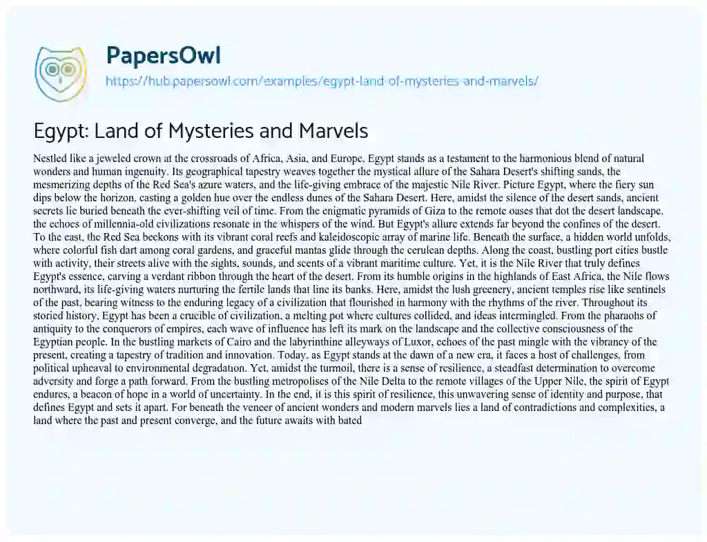 Essay on Egypt: Land of Mysteries and Marvels