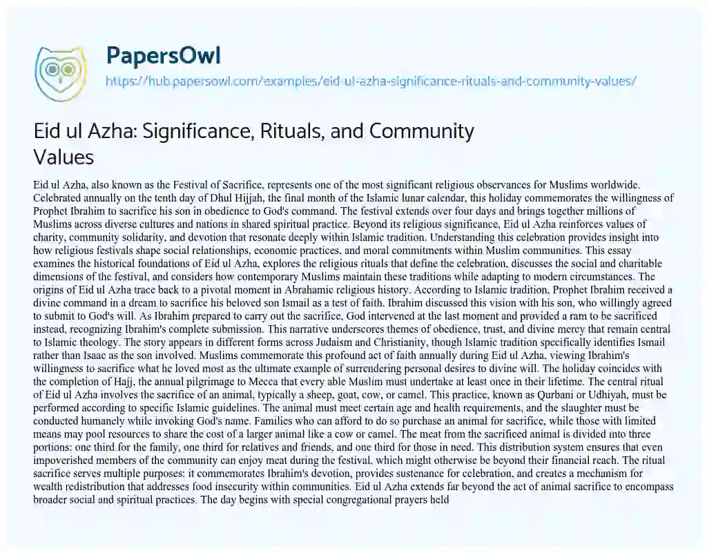 Essay on Eid ul Azha: Significance, Rituals, and Community Values