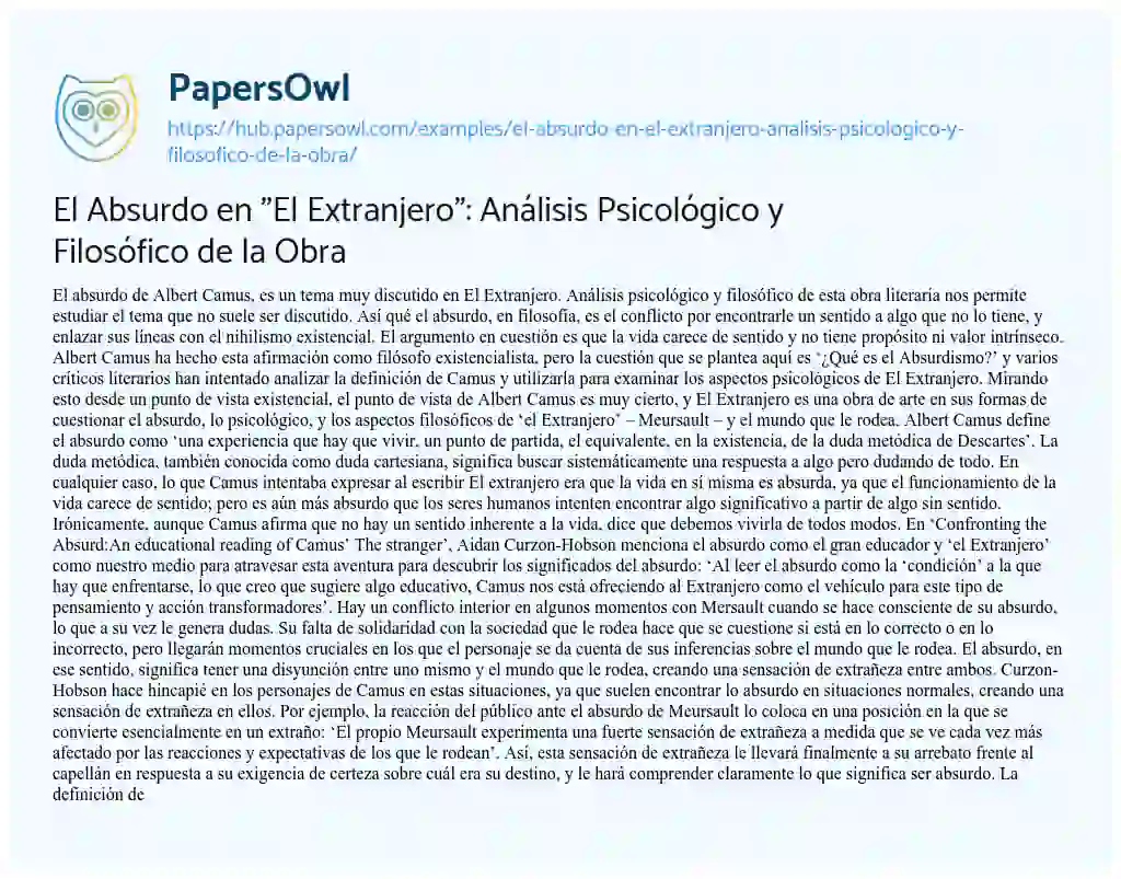 Essay on El Absurdo en “El Extranjero”: Análisis Psicológico y Filosófico de la Obra