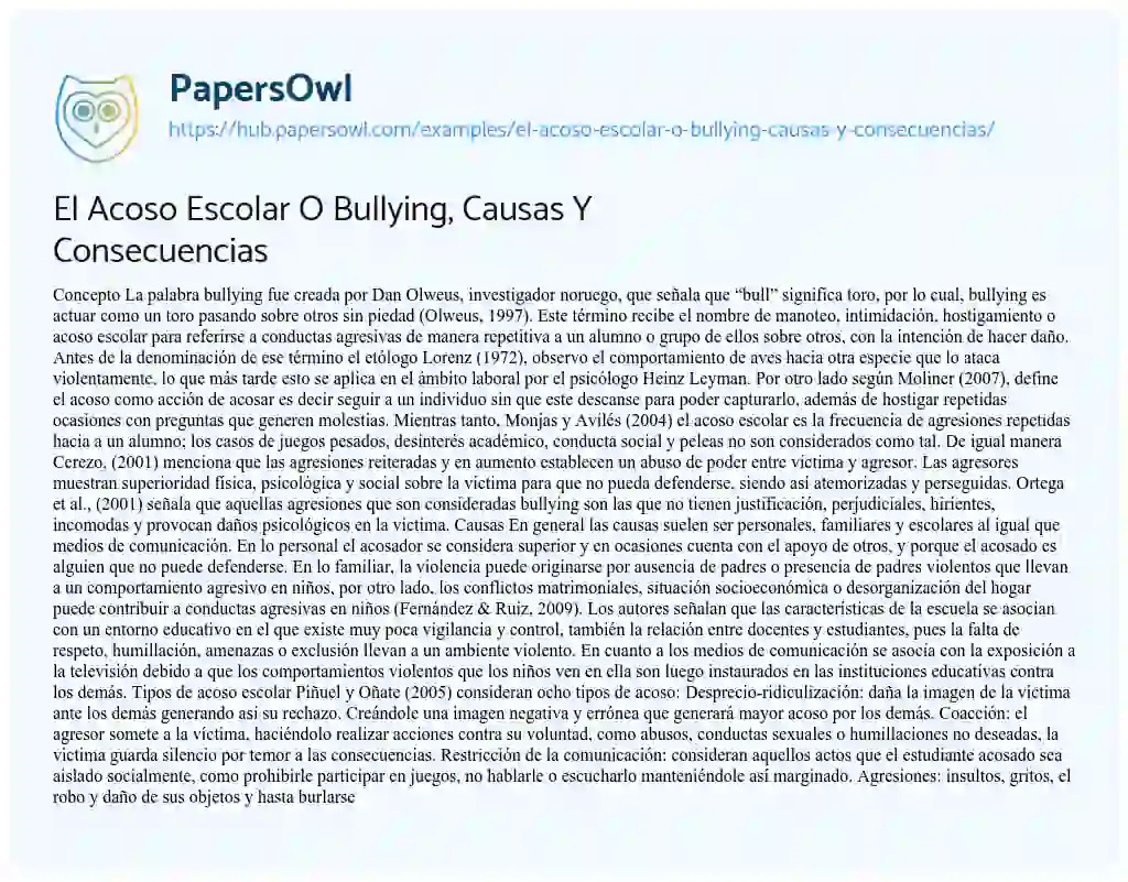 Essay on El Acoso Escolar O Bullying, Causas Y Consecuencias