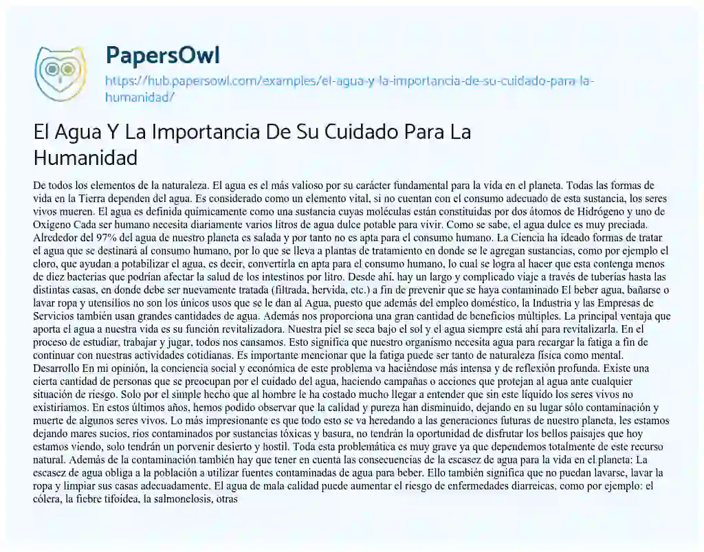 Essay on El Agua Y La Importancia De Su Cuidado Para La Humanidad