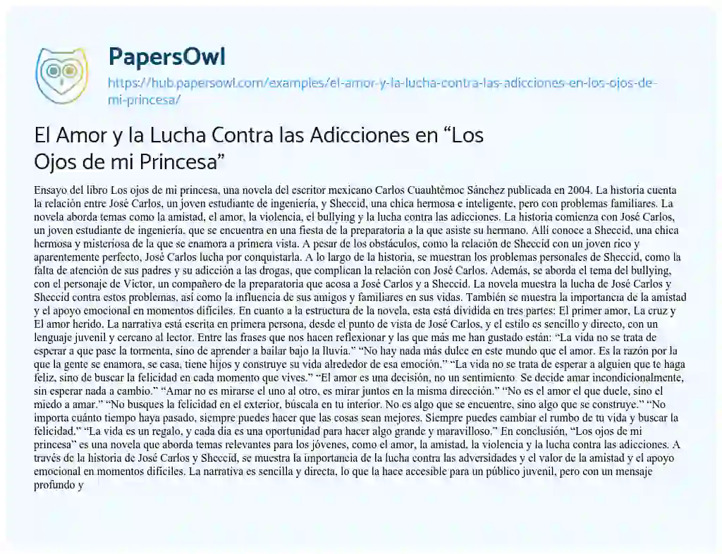 Essay on El Amor y la Lucha Contra las Adicciones en “Los Ojos de mi Princesa”