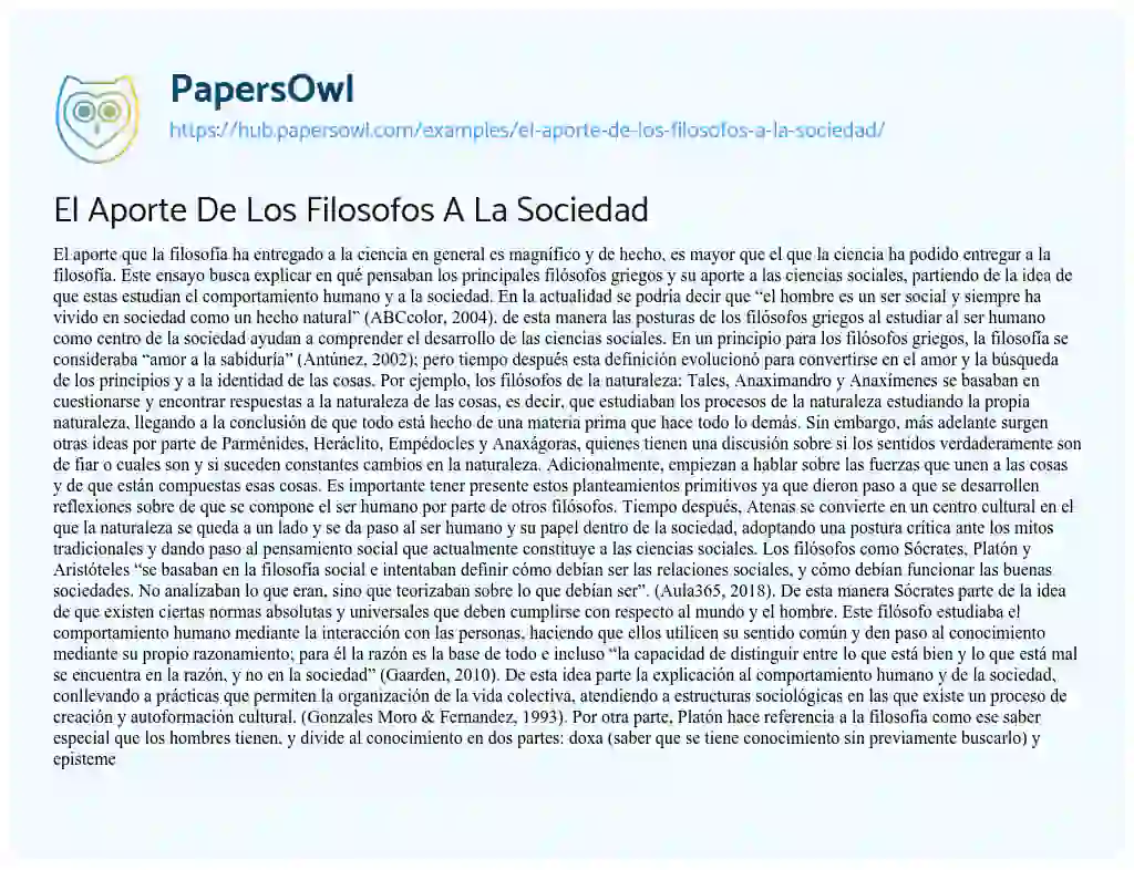 Essay on El Aporte De Los Filosofos A La Sociedad