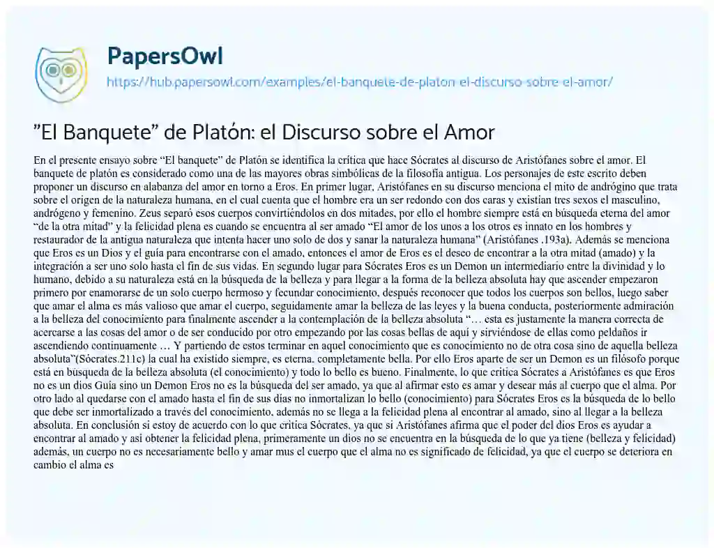 Essay on “El Banquete” de Platón: el Discurso sobre el Amor