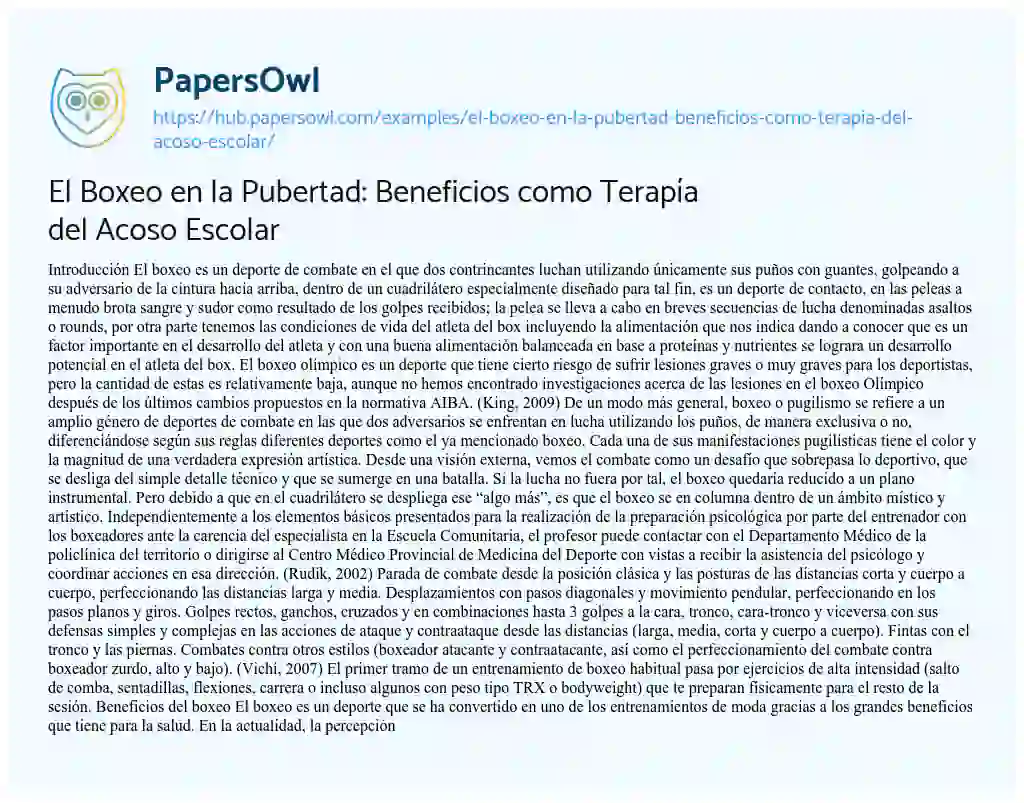 Essay on El Boxeo en la Pubertad: Beneficios como Terapía del Acoso Escolar